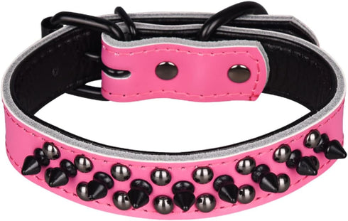 Adjustable Genuine Leather Spiked Studded Dog Collars for Small Medium Large Pets/Pit Bull/Bulldog/Pugs/Husky (L, Hot Pink1)...