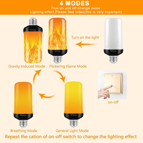 Bitrue LED Flame Effect Light Bulb, 4 Modes Flame Light Bulbs, E26 Base Fire Light Bulb with Gravity Sensor,Flickering Light Bulbs Halloween Home ...