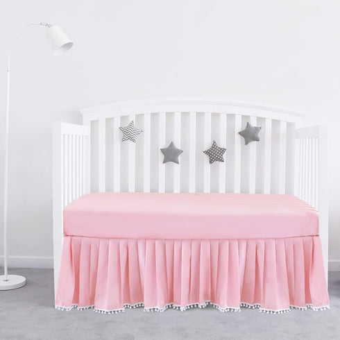 Pink Crib Skirt Pleated with White Lovely Pompoms, Bedding Dust Ruffle for Girls, 14" Drop, Fit All Standard Crib Bed, Fade Resistant Crib Bed Ski...