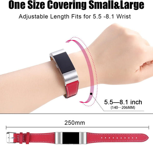 Replacement Leather Band Compatible with Fitbit Charge 2, Classic Genuine Leather Wristband for Men Women(Red-Silver Buckle)...