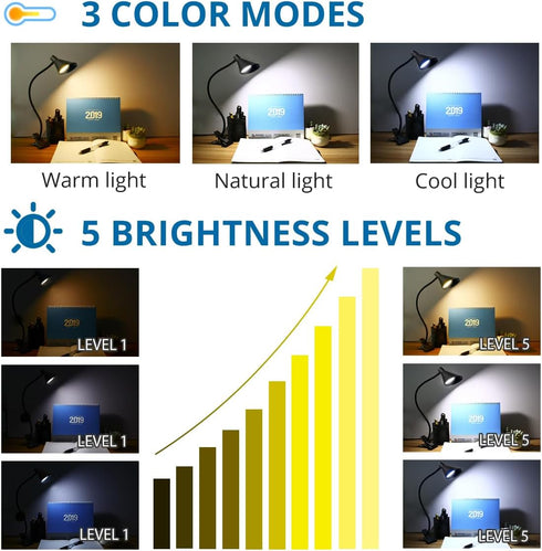 Semlos LED Reading Light, Clamp Lamp 3 Color Modes 5 Brightness, Clip Ligh for Desk Bedside Table, 5W USB Powered, Flexible Arm(Black)...