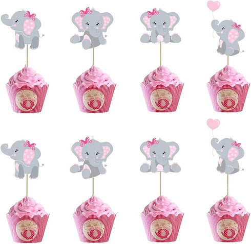 48pcs Pink Elephant Cupcake Toppers, Double Sided It's A Girl Picks, Cake Decorations for Elephant Theme Birthday Baby Shower Little Peanut Party ...