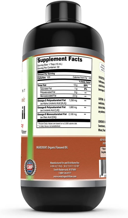 Amazing Omega Flaxseed Oil Supplement | Omega 3, Lignans & Fiber | 16 Oz | Non-GMO | Gluten Free | Made in USA...