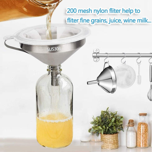 Kitchen Funnel for Filling Bottles, 304 Stainless Steel Food Funnels with Strainer and 200 Mesh Filter, Metal Funnel Set for Transferring Canning ...