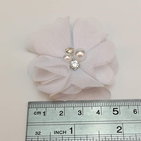 Chenkou Craft Pack of 12pcs Chiffon Flowers Ribbon Bows W/Beads 2-3/8" (60mm) Appliques Wedding Decor Bulk Lots (White)...