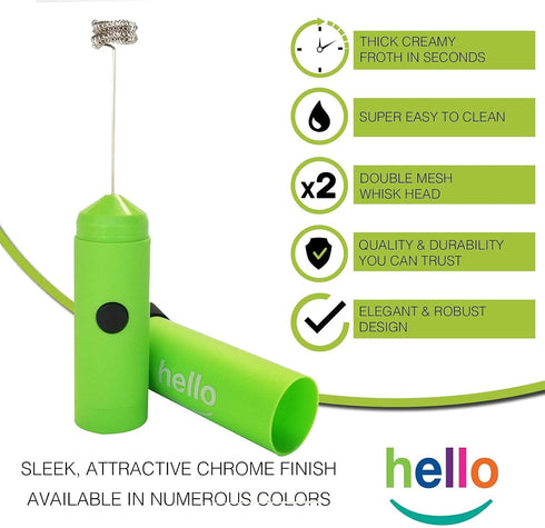 HELLO Milk Frother - Double Whisk Head, Handheld Battery Operated Electric Foam Maker For Bulletproof Coffee, Lattes, Cappuccino, Hot Chocolate, S...
