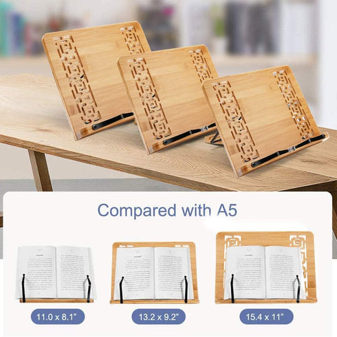 XL Large Size Bamboo Book Stand Cookbook Holder Reading Desk Bookrest with 5 Adjustable Height, Foldable Tray and Page Paper Clip Portable Sturdy ...