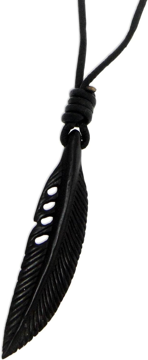 NOVICA Artisan Handcrafted Crow Feather Necklace | Men's Leather Pendant Necklace | Cord Necklace with Carved Pendant | Leather Adjustable Necklac...