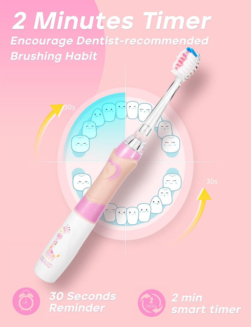SEAGO Kids Electric Toothbrush with 2 Mins Brushing Timer and 8 Replacement Bursh Heads,Rainbow LED Light Make Brushing Fun, Pink Color Girls Batt...