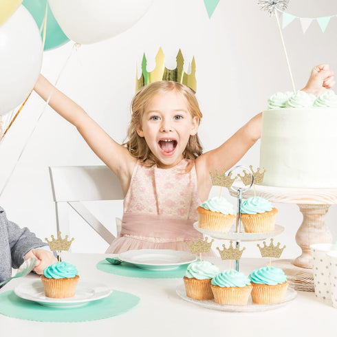 Crown Cupcake Toppers 48 Pcs Light Gold Glittery Princess Cake Picks for Baby Shower Birthday Party Decorations Supplies...