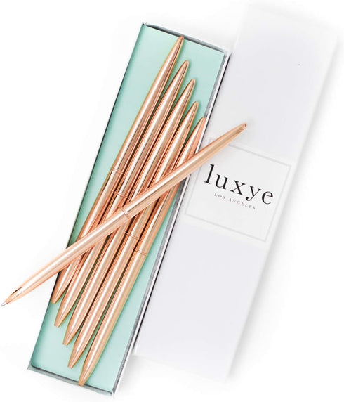 Rose Gold Pens with Blue Ink | Luxury Ballpoint Gold Pen Set of 6 in Glossy White Gift Box | Gold Office Supplies for Women Men - Slim Nice Pens f...