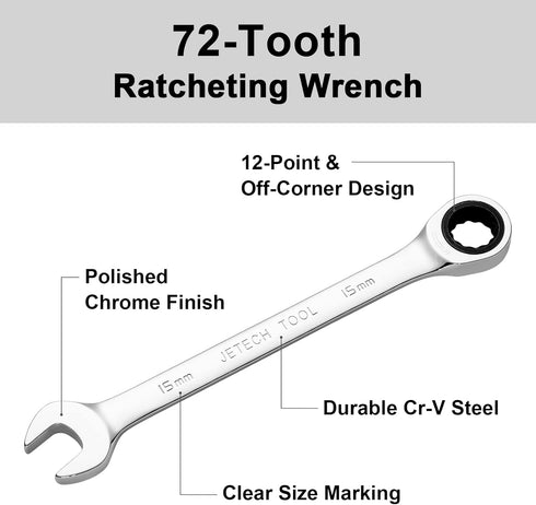 Jetech 15mm Ratcheting Combination Wrench, 12PT 72 Tooth Gear Wrench, Industrial Grade Cr-V Steel Gear Spanner for Household Garage Auto...