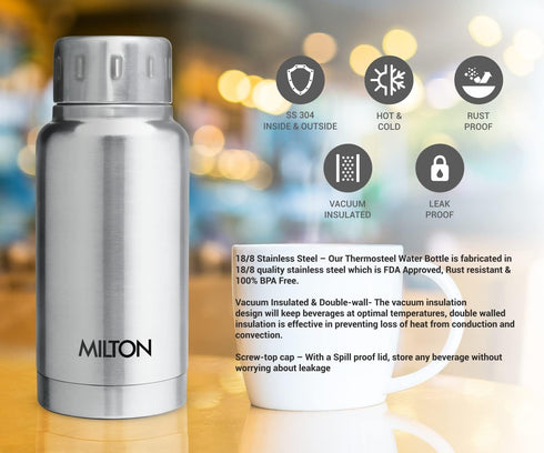 Milton Insulated Water Bottle 5.4 oz (160 ml) Stainless Steel Double walled vacuum flask Hot and Cold Drinks, Leak-Proof Simple Screw Lid, Office,...