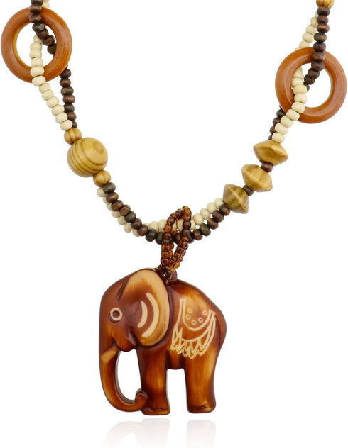 Vintage Ethnic Wood Elephant Pendant Wooden Bead Necklace Long Sweater Chain Women Vintage Necklace Jewelry Gift for Birthday Mother's Day, Valent...