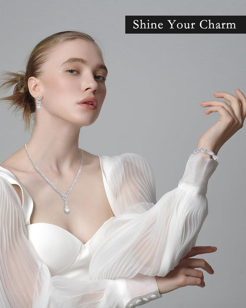 Women Crystal Necklace Earrings Bracelets Set Wedding Rhinestones Necklaces Rhinestone Teardrop Pendant Earrings Shiny Bracelet Jewelry for Brides...