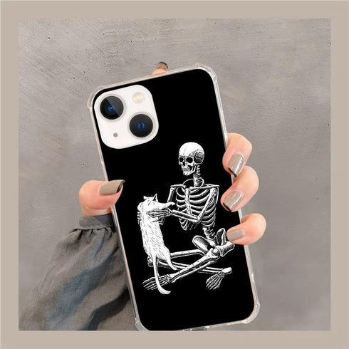 Black Skull White Cat Phone Case Compatible with iPhone 14, Skull Cool Skeleton and Cat Case for Girls Boys Women Men, Unique Trendy TPU Bumper Co...