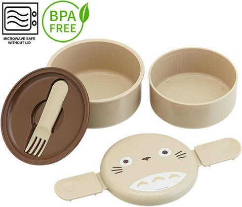Skater My Neighbor Totoro 2 Tier Round Bento Lunch Box with Folk (17oz) - Authentic Japanese Design - Microwave Safe - Brown...