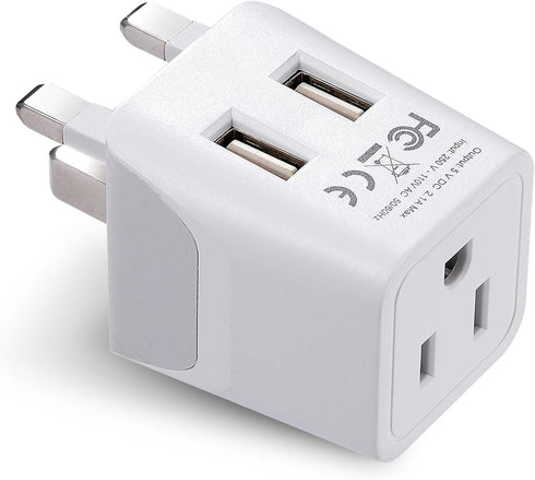 Ceptics UK Travel Adapter Plug - with 2 USB + USA Socket Input - Type G - Ultra Compact - Safe Grounded Perfect for Cell Phones, Laptops, Camera C...
