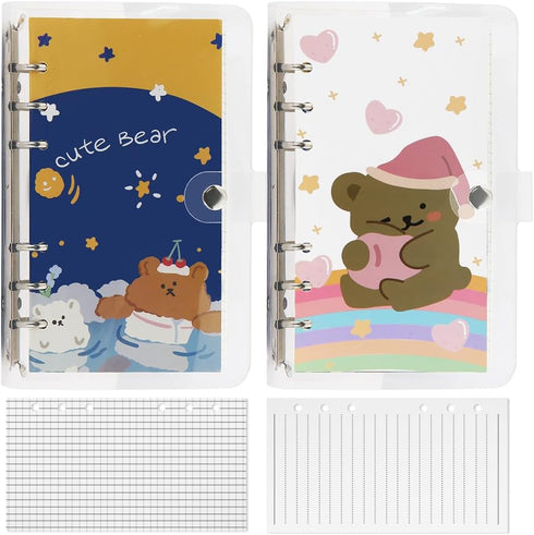 2 Pcs A6 Binder Notebook,Cartoon Bear 6 Ring Loose Leaf Small Diary Journal Planning Notepad Pocket Notebook with Transparent PVC Cover Gift for K...