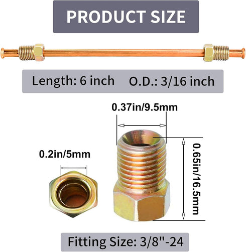 MuHize 6 Inches Brake Line Kit - Premium 3/16 Copper-coated Brake Line Tube with fittings, Each End Double Flared Brake Line Tubing with 6 Fitting...