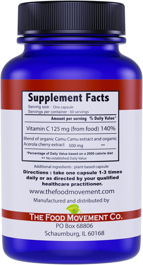 100% PLANT-BASED VITAMIN C 60 Capsules 125mg - Adults Immune System Antioxidant Support Dietary Supplement - Whole Food Vegan Supplements from Org...