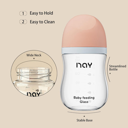 Natural Glass Baby Bottle Wide Neck, Newborn Anti-Colic Baby Bottle, Clear, 5.4oz(Pack of 2), Includes 2Pcs Slow Flow Nipple(S), 1 Months+...