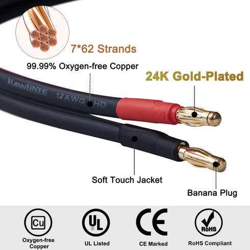 12 AWG HD Premium Soft Touch HiFi Speaker Cable (2 Pack, 3 Feet), 12 Gauge Banana Speaker Wire with Banana Plugs for Bi-Wire Bi-Amp HiFi Surround ...