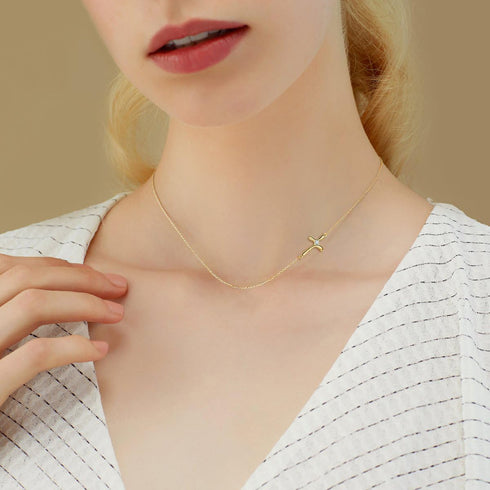 BriLove 925 Sterling Silver Cross Necklaces for Women,Shiny Cubic Zirconia Delicate Cross Sideways Choker Necklace for Valentines Day/Birthday/Chr...