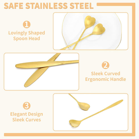 16 Pieces Heart Shaped Spoon Coffee Teaspoon 7 Inch Set Stainless Steel Long Handle Spoon Stir Bar Spoon Stirring Spoon Ice Cream Spoon Gold...