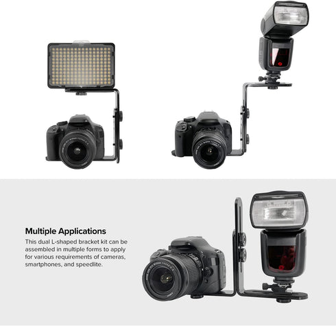 LimoStudio Dual L Shape Camera Flash Bracket, Metal Aluminum Alloy, 1/4" Universal Thread, Speedlite & DSLR Camera Holder / Mount, Photo Studio, A...
