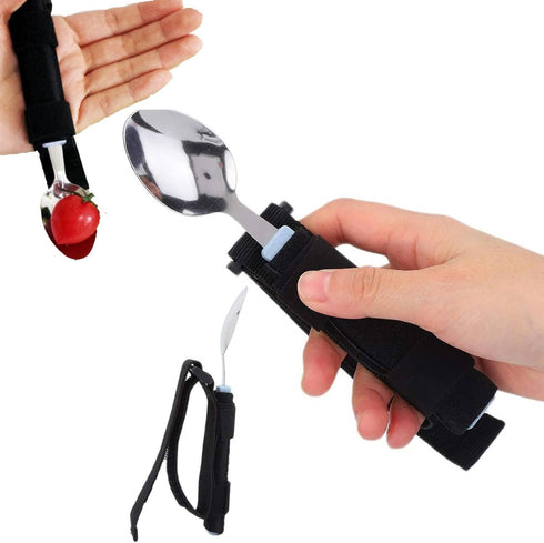 Adaptive Spoon, Universal Adjustable Hand Cuff Utensil Holder Strap Adaptive Utensils Daily Living Aid for Elderly, Hand Tremors, Arthritis, Parki...