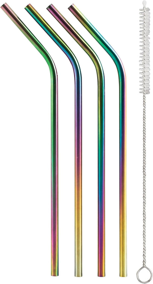 HIC Kitchen Reusable Rainbow Drinking Straws, 18/8 Stainless Steel, Set of 4 Straws with Cleaning Brush...