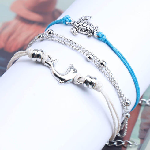 Boho Turtle Ankle Bracelet Silver Dolphin Braided Anklet Bracelet Layered Turtle Woven Rope Anklets Vintage Satellite Ball Anklet Foot Chain Jewel...