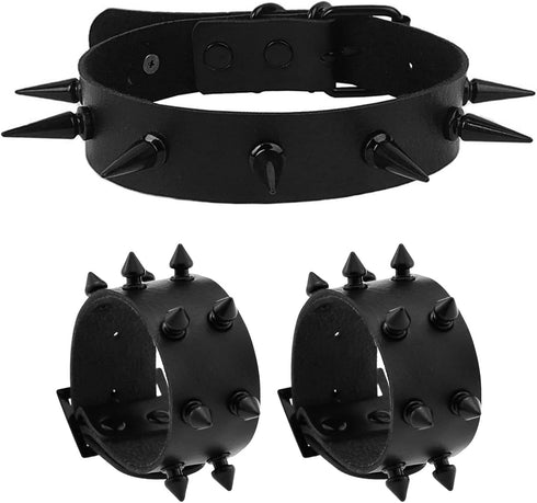 3 Pieces Punk Gothic Jewelry Accessories,Faux Leather Choker and PU Bracelet Cuffs Combo,Black Spikes Design...