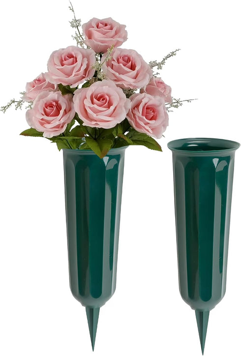 Black Duck Brand Green 9.75" Plastic Cemetery Memorial Grave Flute Flower Vases; 2 Pack...