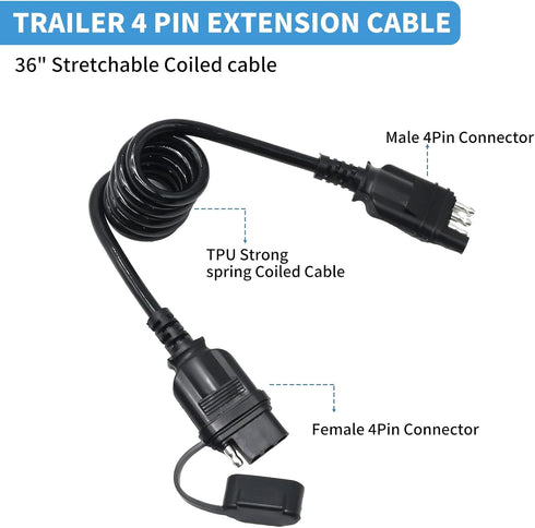 4 Way Flat Trailer Extension Coiled Cable 3 Feet Male and Female Wiring Harness Adapter Extension Wiring Cable with Dust Cover Plug & Play Connect...
