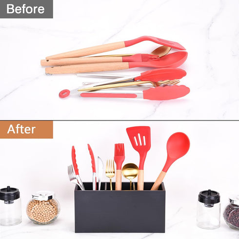 WuGeShop Heightened Kitchen Utensil Holder, Wooden Silverware Caddy, Cutlery Organizer with 3 Compartments, Great Cutlery Holder - Ideal for Kitch...