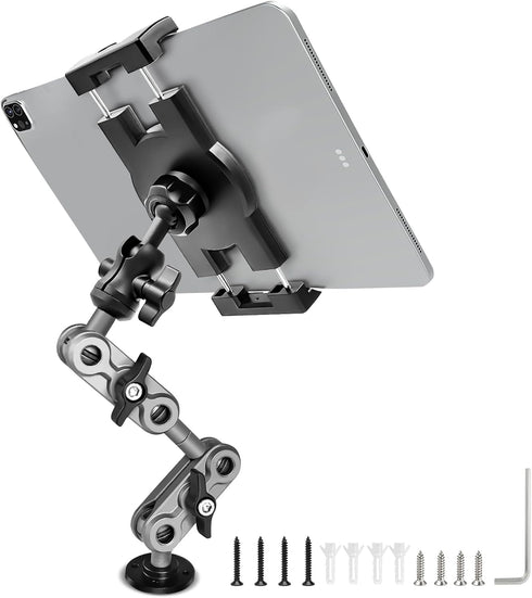Aluminum Heavy Duty Drill Base Tablet Holder Car Mount Dashboard, 14.2“ Long 360°3-Stage Metal Stand Bracket for 4.7-12.9" iPad Pro/Air/Mini/Samsu...
