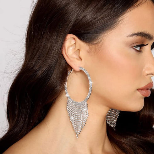 Jeairts Rhinestone Earrings Silver Long Chandelier Dangle Chain Big Cricle Tassel Drop Earrings Sparkly Bridal Prom Jewelry for Women and Girls...