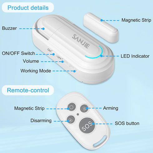 SanJie Door Alarm for Kids Safety with Remote, Door Open Alarm for Home /Dementia Patients/Pool?0-120 Db Volume Ajustable 4 Working Modes?, Door A...
