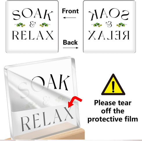 Funny Bathroom Desk Decor,Soak Relax Funny Bathroom Sign Acrylic Plaque With Wooden Stand Sign for Bathroom Shelf Toilet Restroom Home Tabletop De...