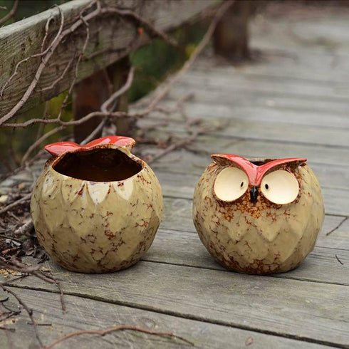 GeLive Owl Planter Ceramic Succulent Plant Pot Fun Animal Flower Container Decoration Tabletop Decor Windowsill Box with Drainage Hole (Round Owl ...