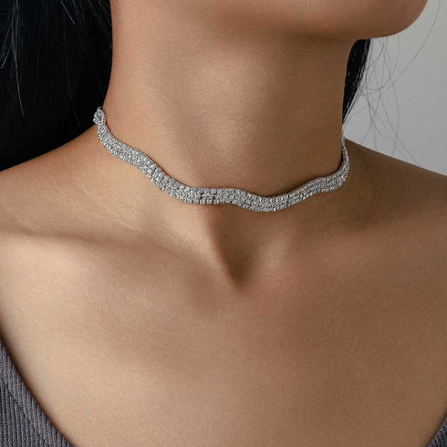 Rhinestone Choker Necklace Silver Crystal Necklaces Fashion Water Ripple Clavicle Chain Party Sparkly Adjustable Chain Jewerly for Women and Girls...