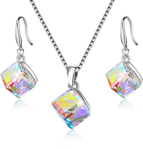 Uloveido Girl's Square Cube Authentic Austrian Crystal Hook Earrings and Rainbow Necklace Sets for Women - 925 Sterling Silver Wedding Engagement ...