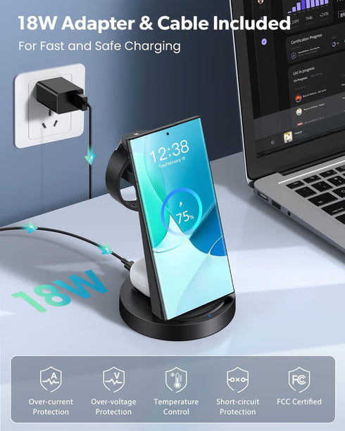 Wireless Charger for Samsung: 3 in 1 Wireless Charging Station for Samsung Galaxy Watch 7 6 5 4 3 Pro Classic Galaxy Buds - Charger Dock Stand for...