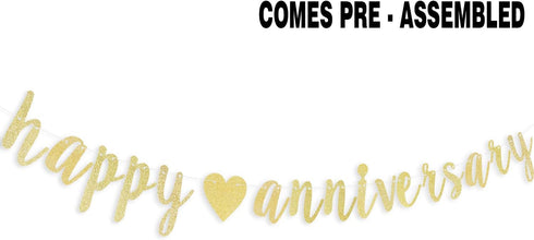 LINGTEER Happy Anniversary Gold Glitter Heart Bunting Banner Perfect for Wedding Anniversary Party Decorations....