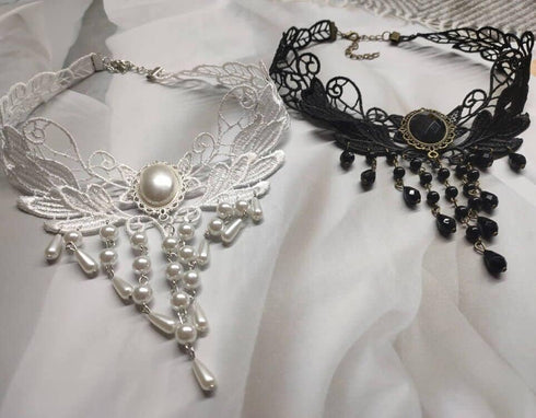 2 Pack Black White Droplet Elegant Vintage Princess Lace Gothic Statement Necklace Bracelet Victorian Tassel Flower Choker Pendant Vampire Neck Ch...