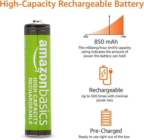 Amazon Basics 24-Pack Rechargeable AAA NiMH High-Capacity Batteries, 850 mAh, Recharge up to 500x Times, Pre-Charged...