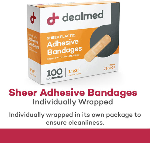 Dealmed Sheer Plastic Flexible Adhesive Bandages – 100 Count (2 Pack) Bandages with Non-Stick Pad, Latex Free, Wound Care for First Aid Kit, 1" x ...