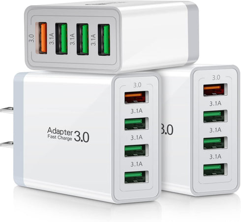 Fast 3.0 Wall Charger, 3-Pack iSeekerKit 4Ports 3.0 USB Wall Charger Adapter Fast Charging Block Compatible for Samsung Galaxy S10 S9 S8/Note 8 9,...